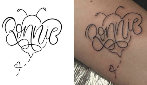 Bee design spelling Bonnie, shown as the drawing and the finished tattoo