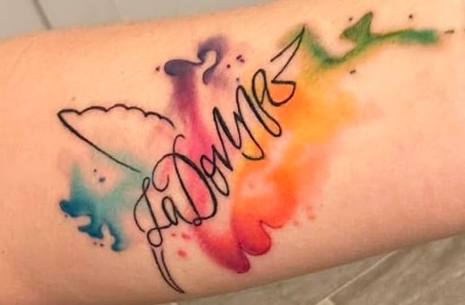 Watercolour hummingbird tattoo spelling LaDonna